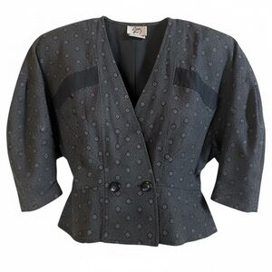 Vintage Byer Too Gray Geometric Print Peplum Blazer 80s Dolman Sleeve Jacket 🇺🇸